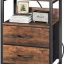 Yoobure Nightstand with Charging Station, Small Night Stand with Fabric Drawers and Storage Shelf for Bedrooms, Small Spaces, Bedside Table with USB Ports & Outlets (Vintage Brown)