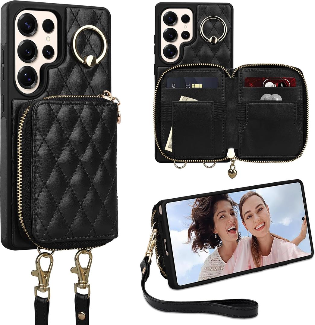 Keallce Case for Samsung Galaxy S25 Ultra 6.9'' Wallet Case,Crossbody Zipper Galaxy S25 Ultra Purse Wrist Strap Lanyard Handbag,RFID Blocking Card Slots,Flip Leather Cover for Samsung S25 Ultra,Black