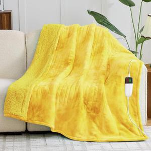 greenoak Heated Electric Blanket Throw, Faux Fur Sherpa Heating Blanket for Sofa Bed, Warm Winter Gifts for Women/Adults, Heater Lap Blankets 5-Position Timer &10 Heating Levels 50''*60" Lemon