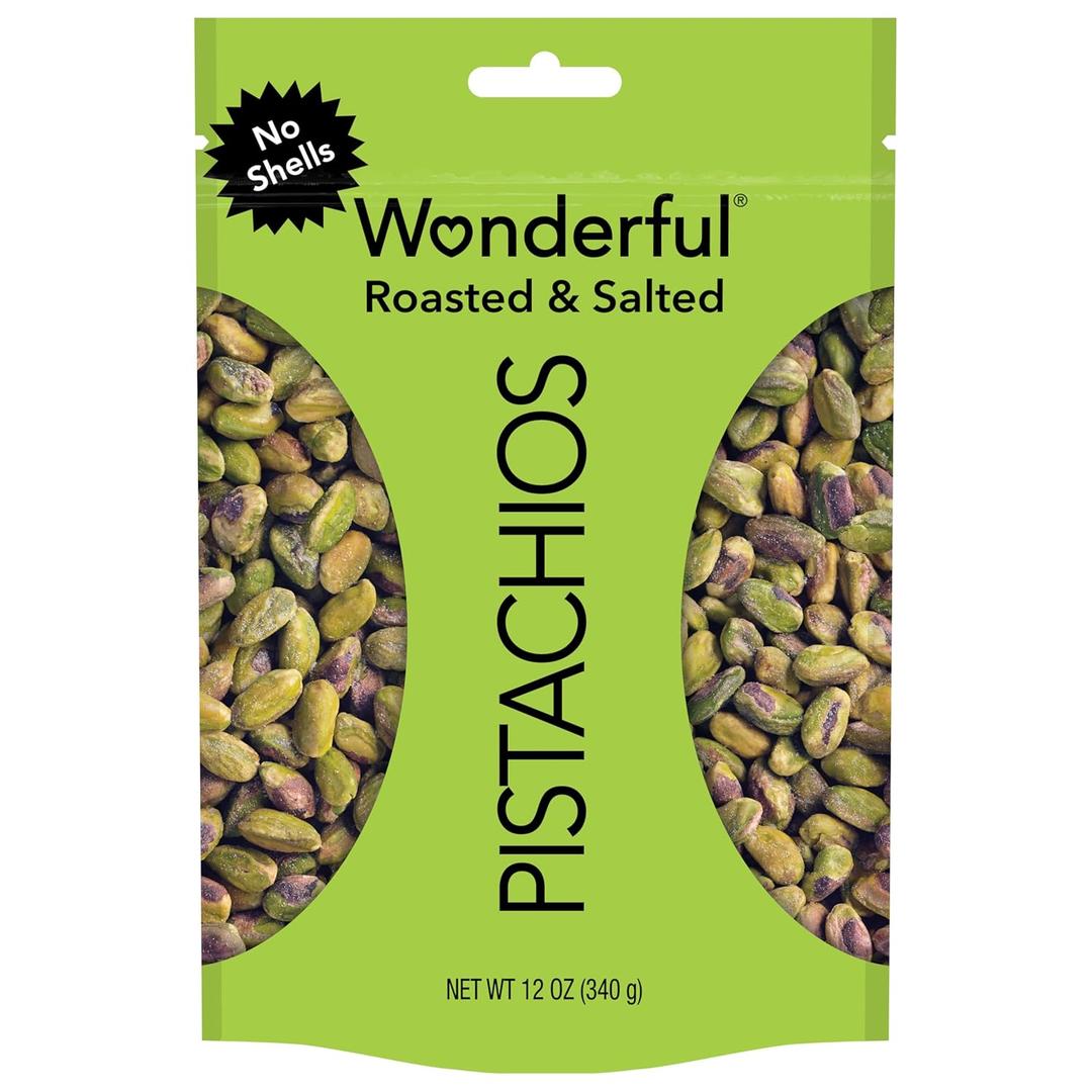 Wonderful Pistachios No Shells, Roasted & Salted Nuts, 12 Ounce Resealable Bag, Protein Snacks, Gluten Free, Healthy Snack, BB 11-2026