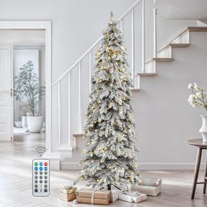 DWVO Pre-Lit Flocked Slender Spruce Artificial Christmas Tree Adorned with 51 Pine Cones, 7.5 FT Authentic Layered Christmas Tree with 350 Lights & 800 Branch Tips for Home Party with Remote Control (Snowy White)