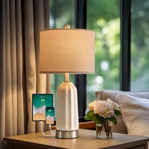 20.25" - Table Lamp for Living Room, Bedroom, Modern Ceramic Bedside Lamp with USB Charging Port, Nightstand Lamp, Farmhouse Table Lamp (White)