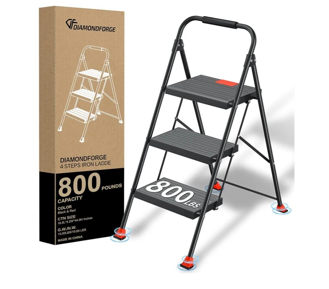 Step Ladder Foldable Folding Stool - for Home Adults Kitchen 3 Stepping Extension Tall Heavy Duty with Handrails - Closet Stepstool Stair Ladders Extendable Stepladder for Indoor House 800Lbs