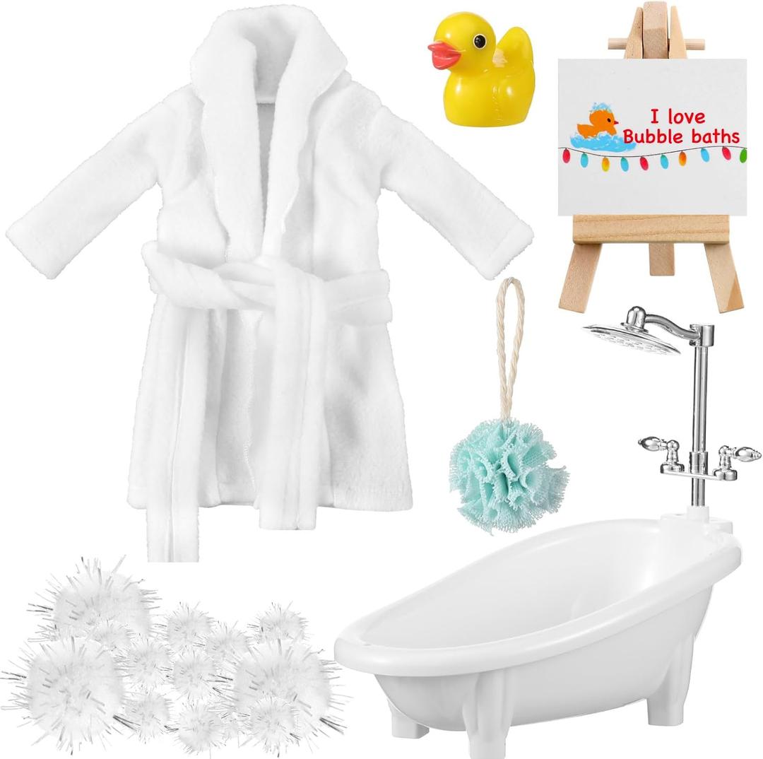 Outus 7 Pcs Christmas Doll Accessories Kit Holiday Doll Bath Clothes Set Include Yellow Bathrobe Bathtub Bath Ball Duck Bubble Card Display Stand for Christmas DIY Activity