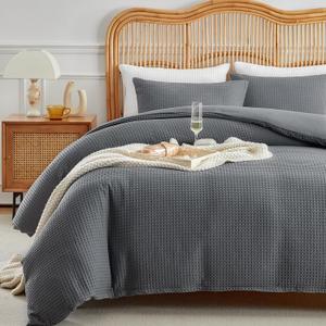 WARMDERN Waffle Weave Duvet Cover King Size, Grey Textured Duvet Cover Set, Soft and Breathable Comforter Cover, 3 Pieces Microfiber Bedding Set for All Season(Grey,King)