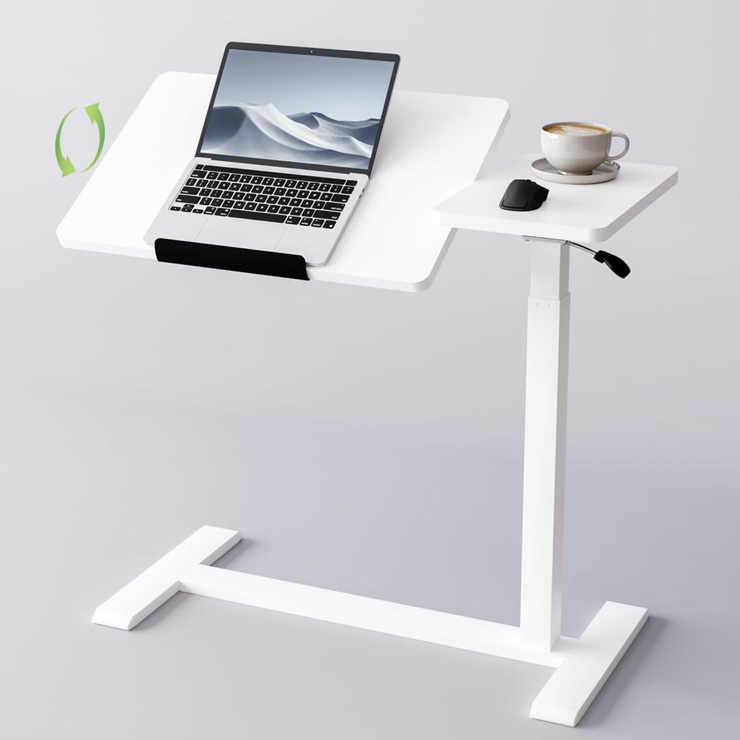 Adjustable Overbed Bedside Table with Wheels Pneumatic Mobile Standing Laptop Desk Rolling Computer Cart Movable Couch Desk Hospital Home Use, White, 31.5 Inches X 15.7 Inches X 24 Inches