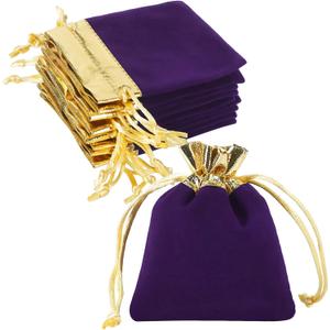 HRX Package Small Velvet Jewelry Bags 3x4 inch, 20pcs Purple Gold Cloth Gift Pouches with Drawstrings