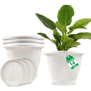 Plastic Flower Pots Planters For Indoor Plants, 4 Pack 14 Inch White Plant Pots With Drainage Hole & Tray, Modern Decorative Large Plant Pot With Saucer For Indoor Outdoor Plants Garden House Planter