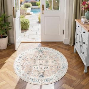 jinchan Round Rug 4ft Area Rug - Washable Boho Vintage Floral Circle 4' Round Floor Cover Lightweight Low Pile Thin Throw Non-Slip Carpet for Kitchen Living Room Bedroom Dining Room Office Pink Blush