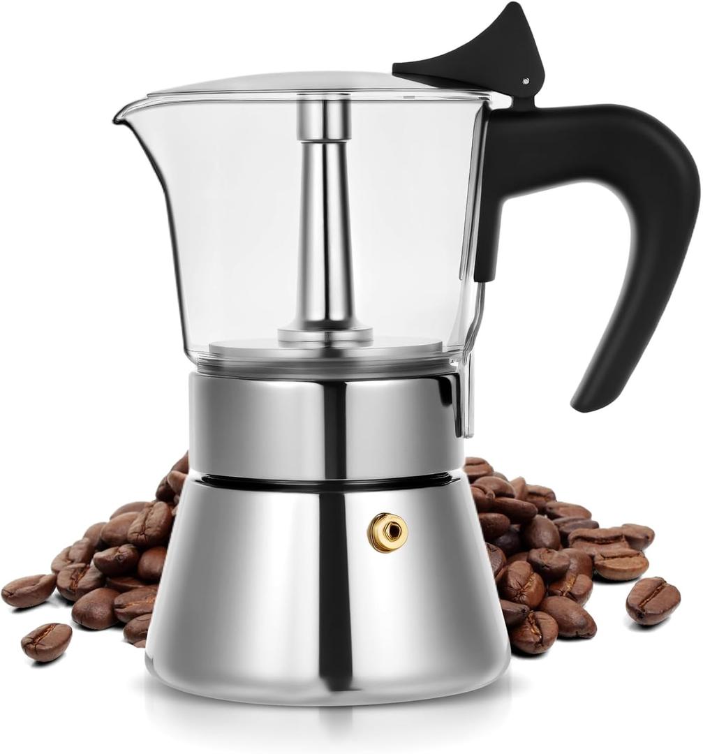 Induction Moka Pot, 4 Cups (7.1 oz) Crystal Glass-Top & Stainless Steel Moka Pot, Classic Stovetop Espresso Maker, Silver