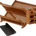 Greenual Teak Dish Drying Rack with Utensil Holder, 2 Tier Collapsible Dish Rack, Wooden Dish Racks for Kitchen Counter, Folding Drying Holder with Absorbent Dish Drying Mat