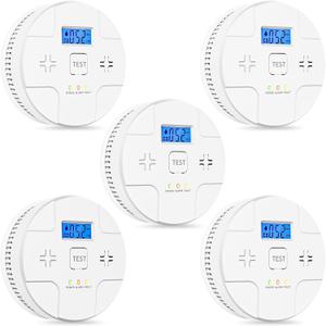 5 Packs,Smoke Detector Carbon Monoxide Detector Combo,2-in-1 Detection,85 dB Alarm,LED Indication,LCD Digital Displays,Battery Operated,(Includes 3 x 1.5V AA Batteries),Easy to Install,Portable Use
