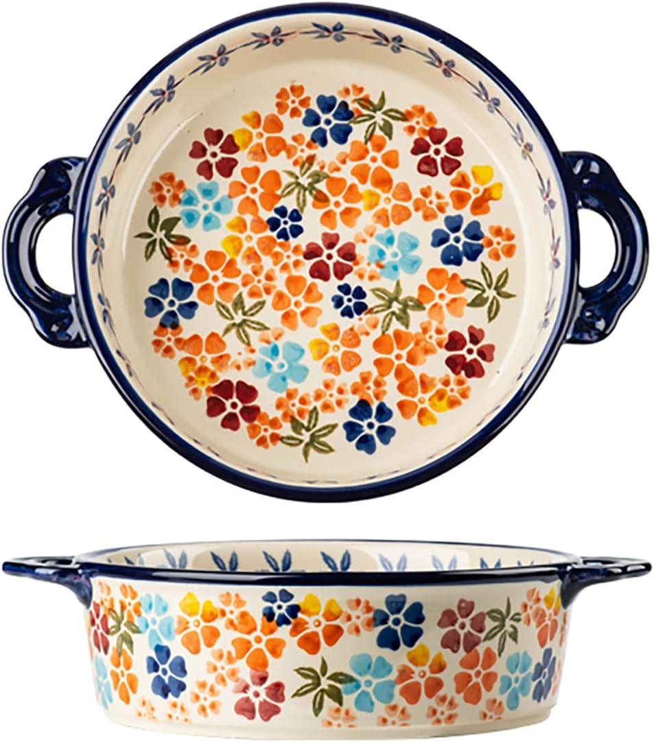 Colorful Cherry Blossom Flowers Vintage Style Ceramic Bakeware Dish Casserole Dish Baking Pan Lasagna Pans with Handles for Oven/Cooking/Kitchen, 1 PCS, 32 oz