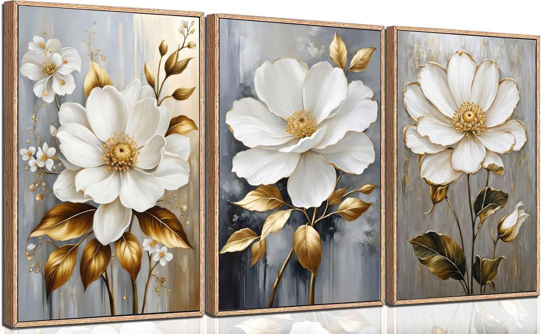 3Pcs White Flower Gold Leaf Canvas Wall Art Modern Plants Flowers Painting Decor Pictures Neutral Floral Bloom Posters Prints for Office Living Room Bathroom Bedroom Decoration No Frames