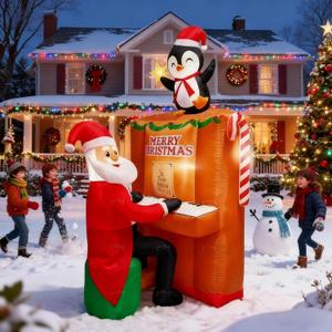 7FT Tall Christmas Inflatable Santa Playing The Piano with Penguin Dancing Decoration, Xmas Blow Up Santa Inflatables Built-in 4 Led Lights for Christmas Holiday Yard Lawn Outdoor Decoration