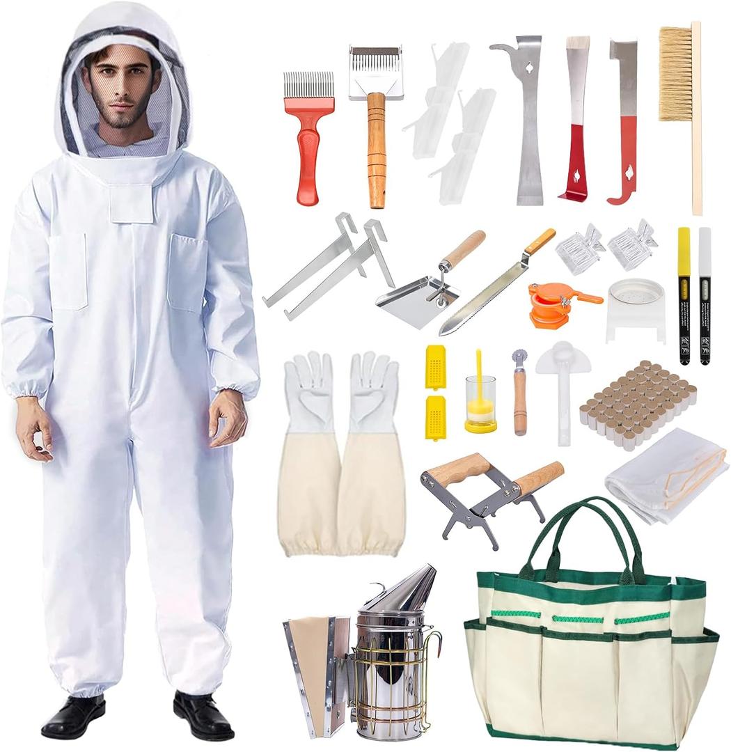 Honey Lake 31Pcs Beekeeping Supplies Starter Kit with Bee Suit Includes Bee Smoker, Beehive Frame Holder, Frame Grip, Hive Tool, Bee Marking Pen & More Tools for Beginner Beekeepers (XL)