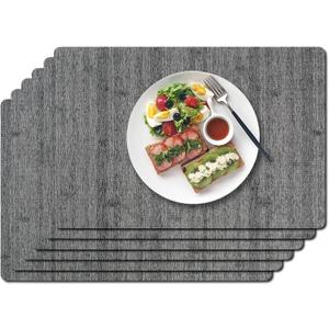 Vinyl Placemats Set of 6-1217.7 Inch Waterproof & Heattable Placemats, Fall Faux Leather Wipeable Outdoor Table Mat for Dining, Kitchen, Indoor Outdoor Use (Grey, Wood Grain) (Gray)