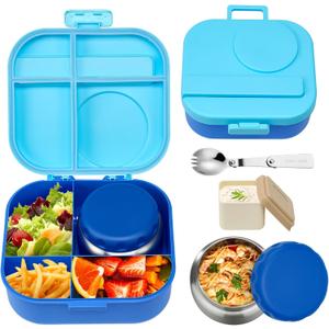 Bento Lunch Box for Kids with 12oz Soup Thermo,4 Compartments Lunch Box Containers Kids, Includes Foldable Spoon &Sauce Jar, BPA Free&Leak proof,Insulated Food Jar for Travel,School,Picnic