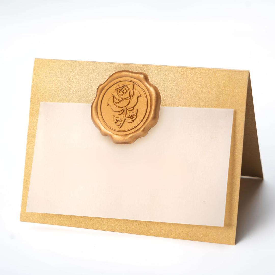 25 Pack Name Cards for Table Setting, Place Cards with Antique Gold Rose Wax Seal Sticker for Wedding, Table Tent Card Stock Handmade Decor for Party, Dinner, Home(Pearlized Champagne Gold)