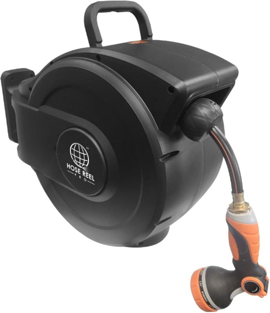 Retractable Garden Hose Reel, 50 ft Wall-Mounted Garden Hose with Automatic Rewind, 10-Function Spray Nozzle, 180 Swivel Bracket, Heavy-Duty Leak-Proof Design, Black