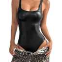WDIRARA Women's PU Leather Bodysuit Square Neck Sleeveless Leotard Tank Body Suit Black Large