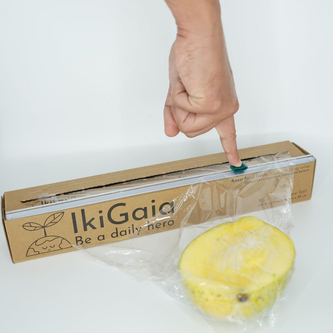 100% Compostable Plastic Wrap Dispenser With Cutter - Ikigaia - PLA/PBAT Cling Wrap With Slide Cutter - 11.8" x 328 feet - XL For Less Delivery - Extra Thick Saran Wrap Dispenser - Food Wrap
