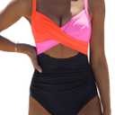 popvil One Piece Swimsuit Women Tummy Control Hight Waisted Bathing Suit V Neck Swimwear Neon Sexy Cut Out Tie Back Swim Suit (Medium, Orange Pink)