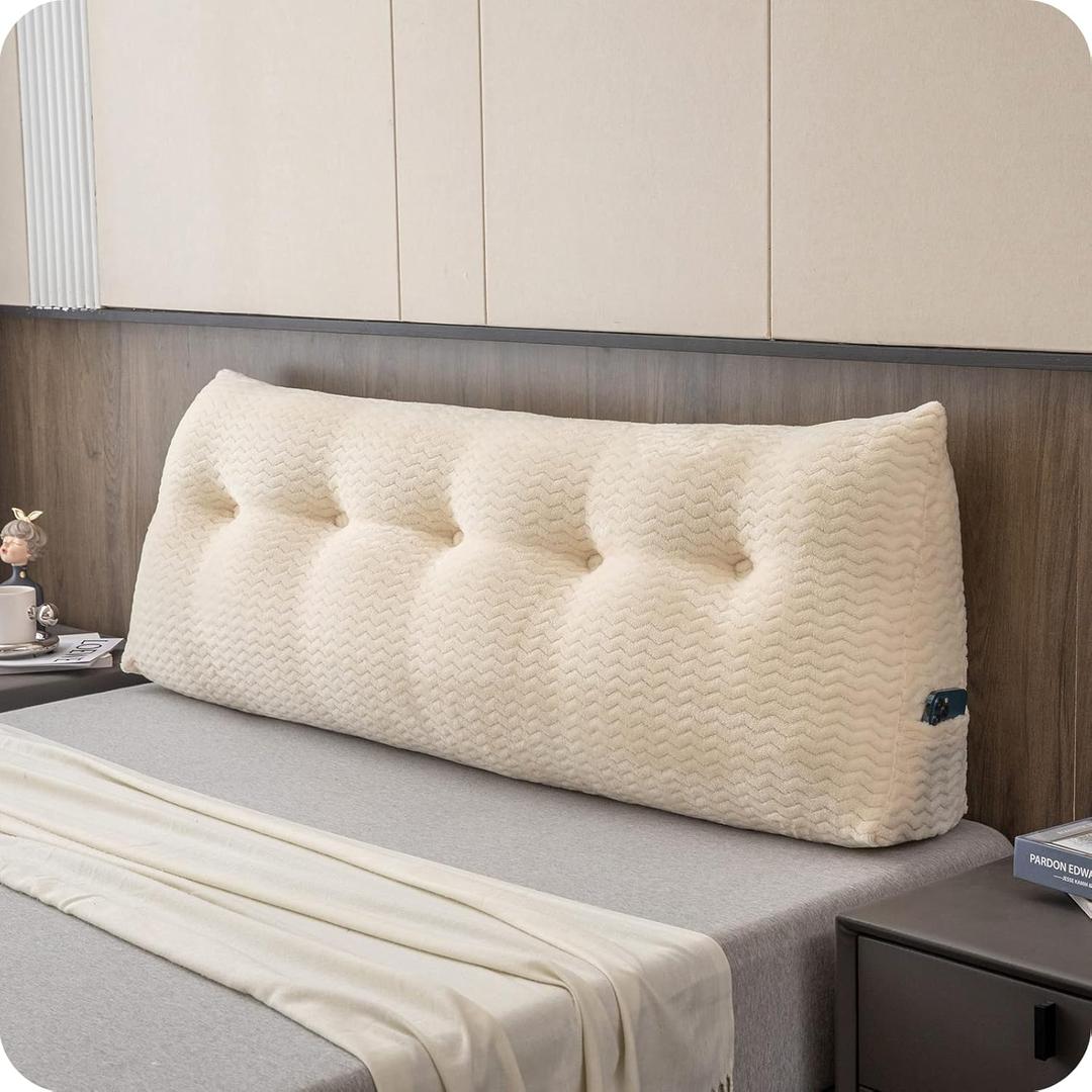 Large Bolster Triangular Headboard Wedge Backrest Positioning Support Bed Rest Reading Pillows Headboard Wedge Pillows for Day Bed with Removable Cover (Queen (59x8x20 Inches), Beige)