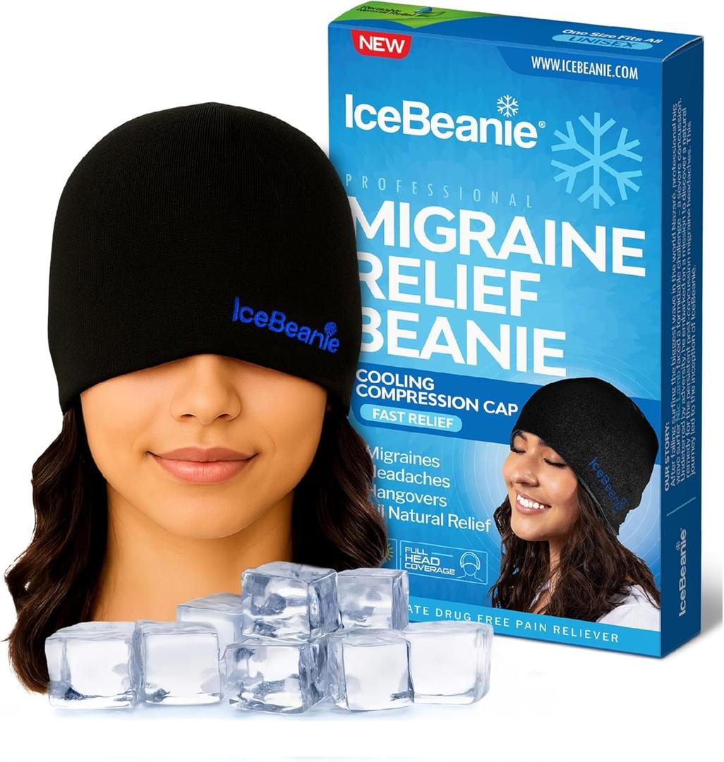 IceBeanie Migraine Relief Cap, As Seen on Shark Tank, Soft & Stretchy Gel Tension Headache Relief Cap, Extended Cooling Hangover Ice Hat, Odorless Cold Head Ice Pack Wrap, Headache Hat Migraine Mask (Black)