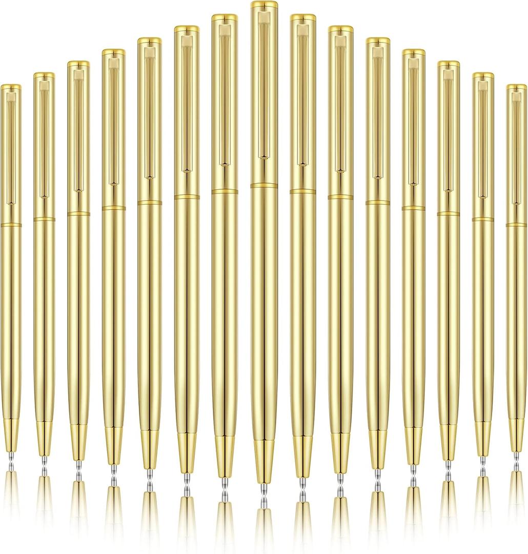 Zonon 15 Pieces Gold Metal Slim Ballpoint Pens Bulk Retractable Metallic Black Ink 1 mm Medium Point Smooth Writing Pens for Wedding Business Office Supplies Students Teachers Men Women Present