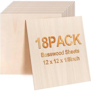 Basswood Sheets 12"x12"x1/8" 3mm 18 Packs Basswood Plywood Board Unfinished Wood Craft Wood for Wood Burning DIY Ornaments Models Drawing Painting Engraving Architectural Models Making