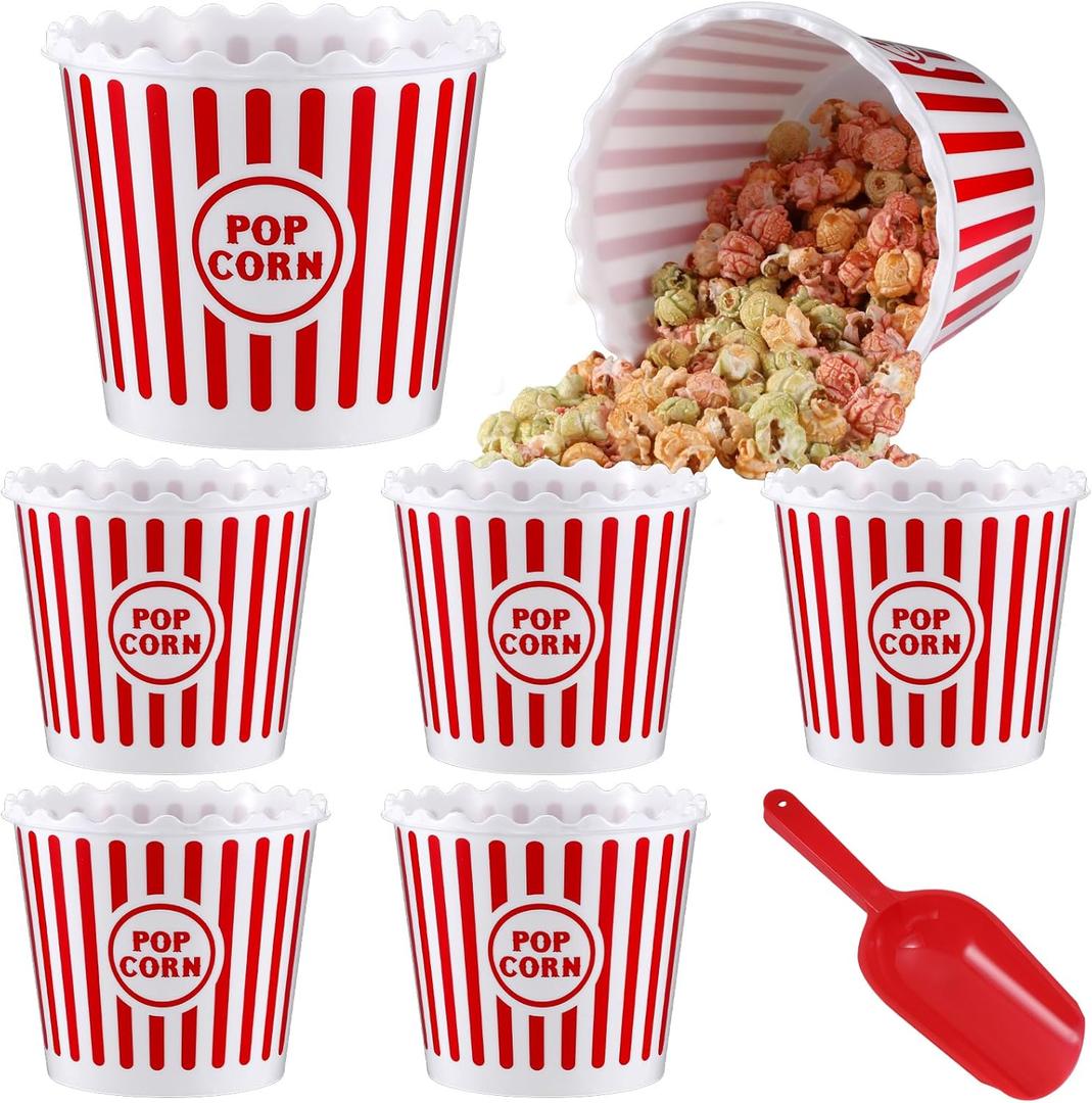 Roshtia 6 Pieces Plastic Popcorn Containers Reusable Buckets 75 oz Popcorn Boxes Bowl with Scoop Retro Style Red Plastic Scoop Set for Movie Theater Night(Stripe)