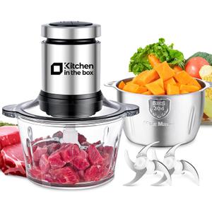 Kitchen in the box Food Processor, Electric Meat Grinder & Food Chopper with 400W Powerful Veggie Chopper-2 Bowls8 Cup+8 Cup & 2 Bi-Level Blades for Meat/Fish/Vegetable/Baby FoodBlack Button
