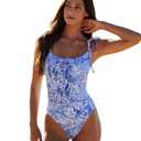 BERLOOK Women's Retro Floral Drawstring Ruched One-Piece Swimsuit Monokini Blue M