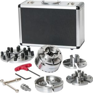 NCK-3.75ZN/S1 Wood Lathe Chuck 3-3/4" Self Centering Chuck Set 1x 8TPI Direct Thread with locking set screws for reverse turning, 5 Sets 4-jaws in Aluminum Case.