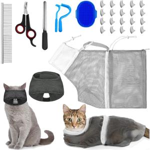9 Pcs Cat Bathing Bag Set Cat Shower Bag Anti Bite and Scratch for Pet Grooming Washing Brush Comb Muzzle Nail Clipper Nail File Tick Tool(Blue, Gray)