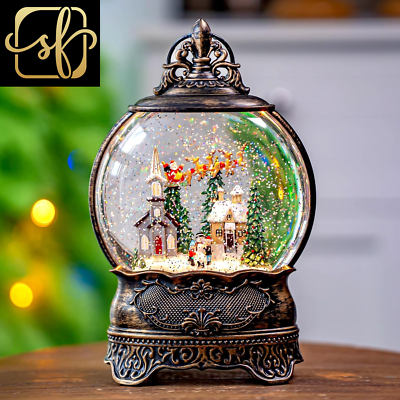 Christmas Snow Globes Lantern Snow Globe with Music Water Lantern Santa Flying Scene Elk Lighted Swirling Water Glitters Snowglobe Christmas Decoration