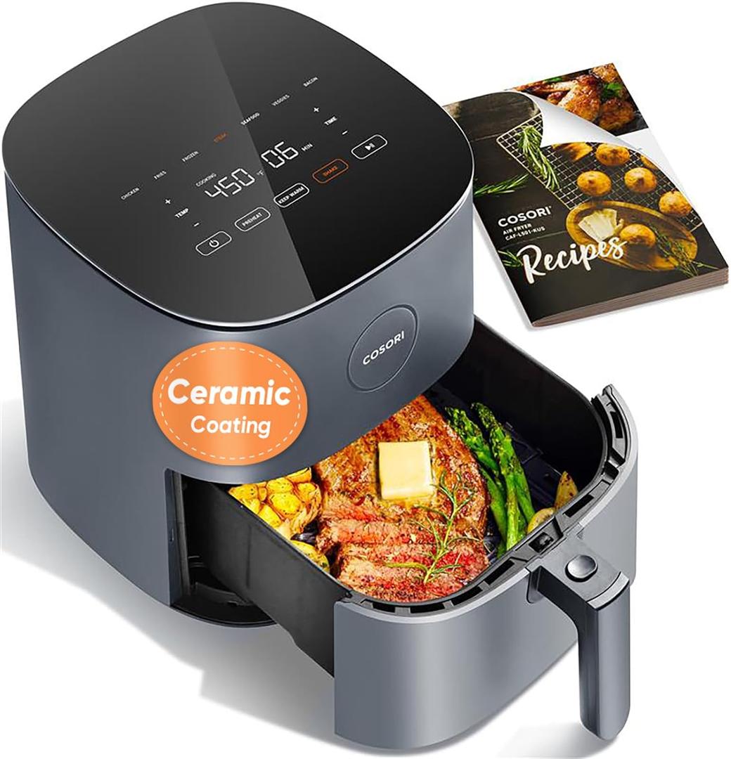 Cosori Air Fryer Pro, Compact 5QT, Ceramic Coating, 7 Presets with Preheat & Keep Warm, 450, Easy to use & clean, Shake Reminder, 130+ In-App Recipes, Nonstick & Dishwasher-Safe Basket, Gray
