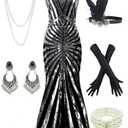 Women 1920S Gatsby Sequin Mermaid Formal Evening Dress with 20s Accessories Costume (L, Black Silver)