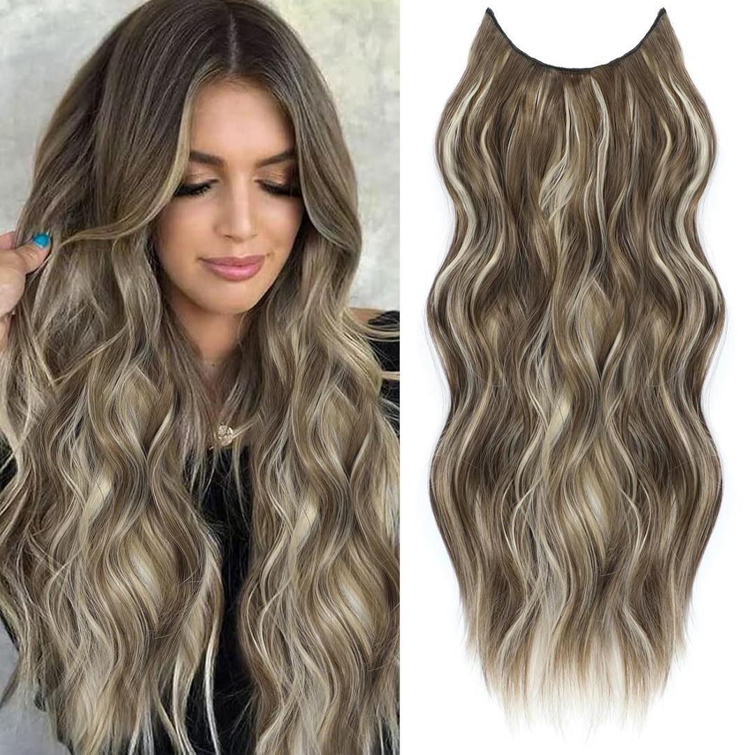 Halo Hair Extensions 24 Inch Invisible Wire Hair Extensions Adjustable Long Wavy Hairpiece Synthetic Upgrade 4 Secure Clips in Hairpieces 24 Inch,Medium Brown Mix Medium Blonde