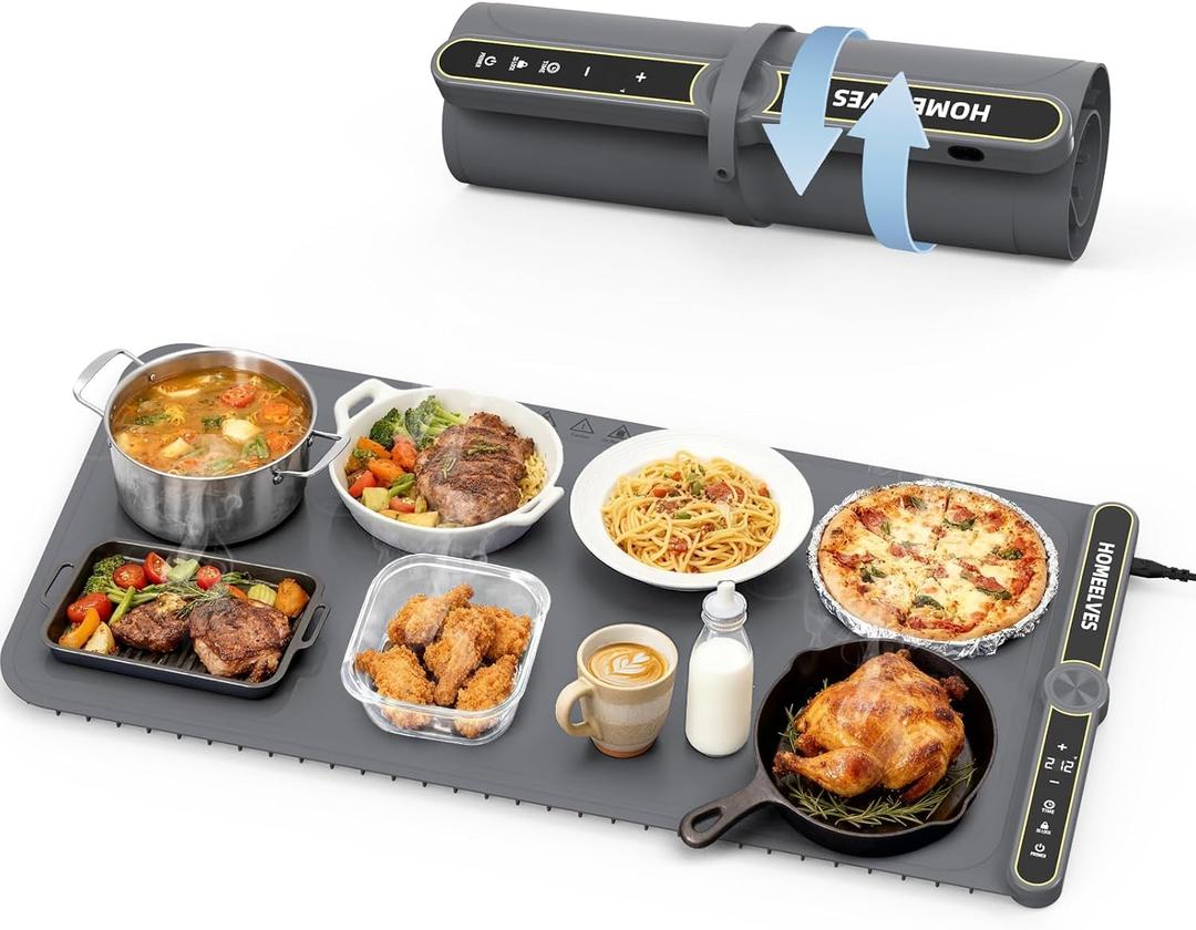 Food Warming Mat Extra Large, Rapid Heating Electric Warming Tray with 9 Temp Setting and 6 Hours Timer, Foldable Warming Trays for Food, Portable Food Warmers for Parties Buffet, Gray (32x15 Inch)