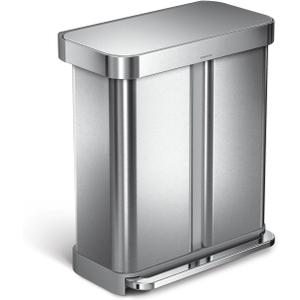simplehuman 58 Liter / 15.3 Gallon Rectangular Hands-Free Dual Compartment Recycling Kitchen Step Trash Can with Soft-Close Lid, Brushed Stainless Steel