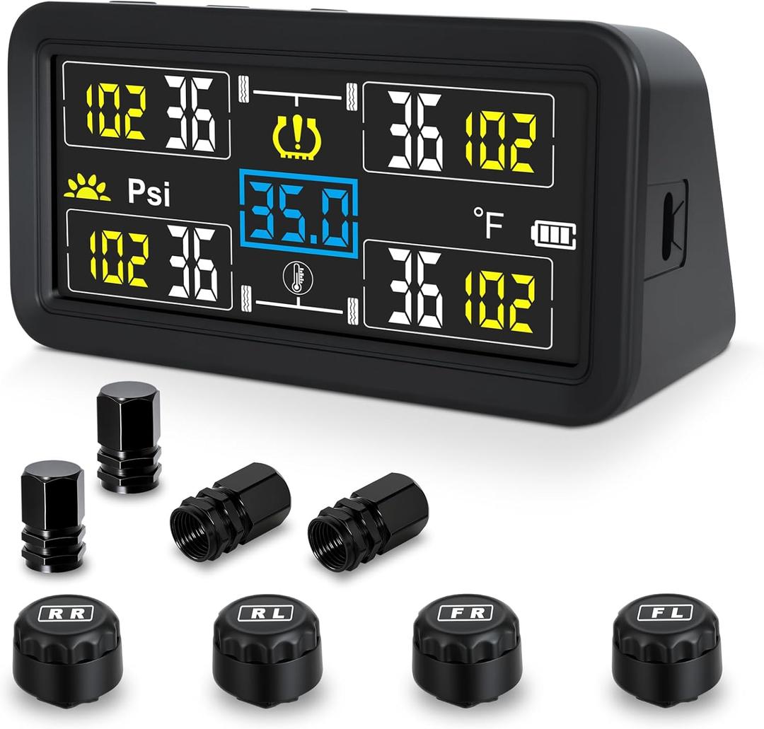 Tire Pressure Monitoring System, TPMS Tire Pressure Monitor with Solar Charge &USB, TPMS with 4 Sensors &6 Alarm Modes 0-9.9BAR/144PSI &Real-time Color LCD Display for RV/Trailer/Truck/SUV