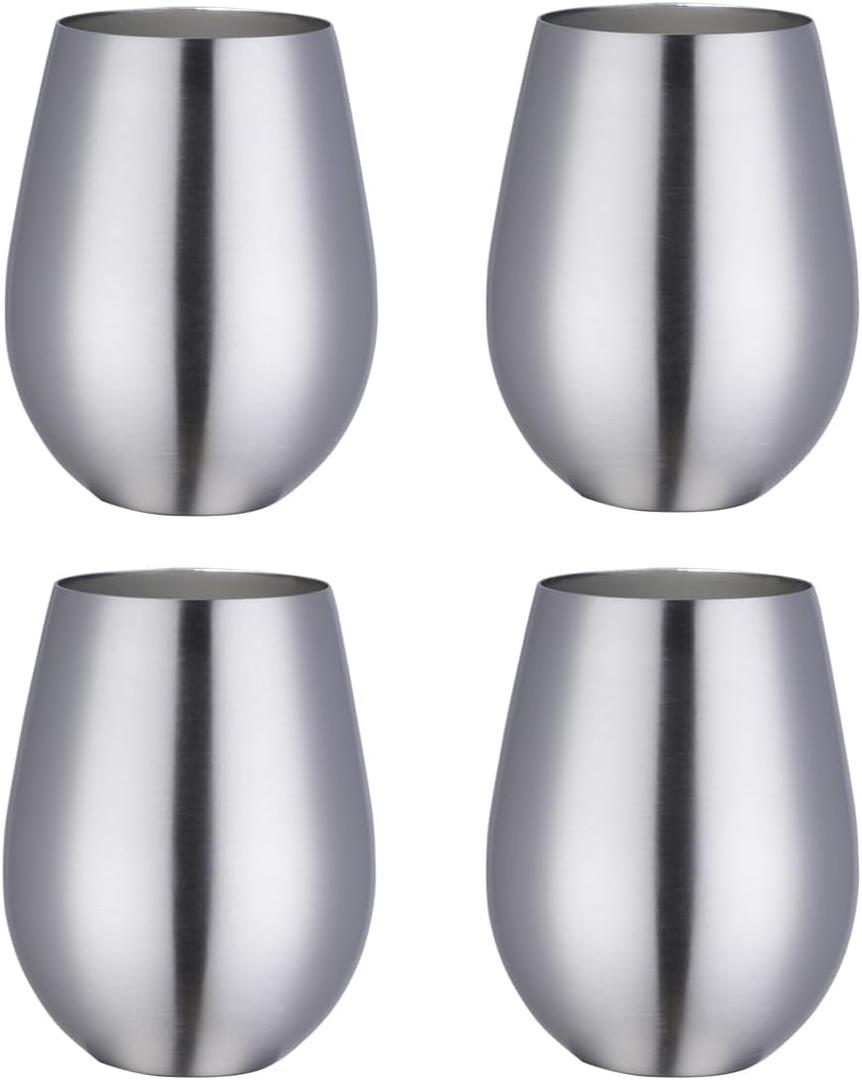 Buyer Star 304 Stainless Steel Wine Glasses Set of 4 - Large 17 oz Outdoor Stemless Wine Tumblers - 100% Unbreakable & Stemless Metal Drinking Cups for Home and Outdoors Dishwasher safe (Silver)