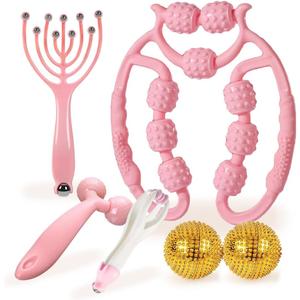 5-in-1 Massage stick for Body, Roller for muscle, Massage Stick for leg, Trigger Point Muscle Roller (8 Rolls), Finger Massager, Hand-Held Roller, Head Scalp Massager, 2 Spiky Hand Balls.
