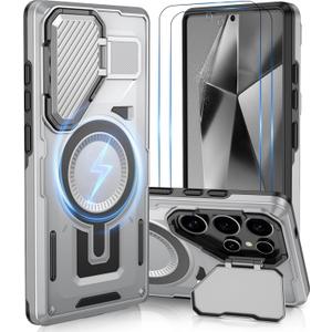 ATUMP Magnetic for Samsung Galaxy S25 Ultra Case with Camera Cover Stand[2 Pack HD Screen Protector], |Compatible with-MagSafe| Military Grade Protective Cover for Galaxy S25 Ultra, Gray