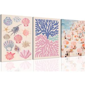 Preppy Beach Wall Art Set of 3, Teen Beach Room Decor Coastal Girl Beachy Canvas Poster Prints, Abstract Beach Painting Wall Decor Aesthetic for Bedroom Living Room Framed 12x16 Inch (Pink)