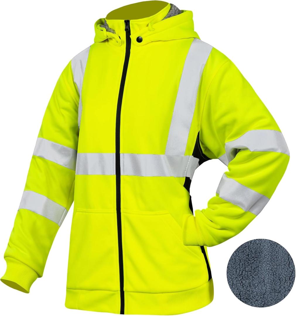 High Visibility Safety Sweatshirt for Women Reflective Wool Fleece Inner Hi Vis Construction Work Hoodie with Detachable Hat Full Zip (3X-Large, Black)