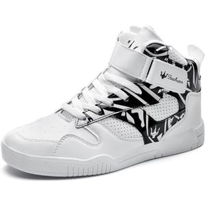 FZUU Men's Fashion High Top Leather Street Sneakers Sports Casual Shoes (7.5, White/Black)