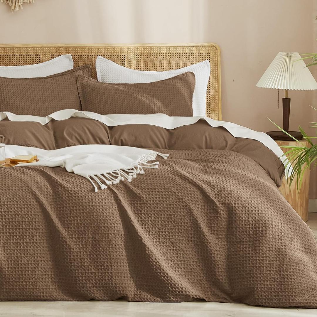 PHF Waffle Duvet Cover Set King Size, No Snagging Ultra Soft Luxury Textured Breathable Comforter Cover for All Season 3pcs, Durable Bedding Duvet Set with 2 Pillow Shams, 104"x90", Mocha/Cocoa Brown